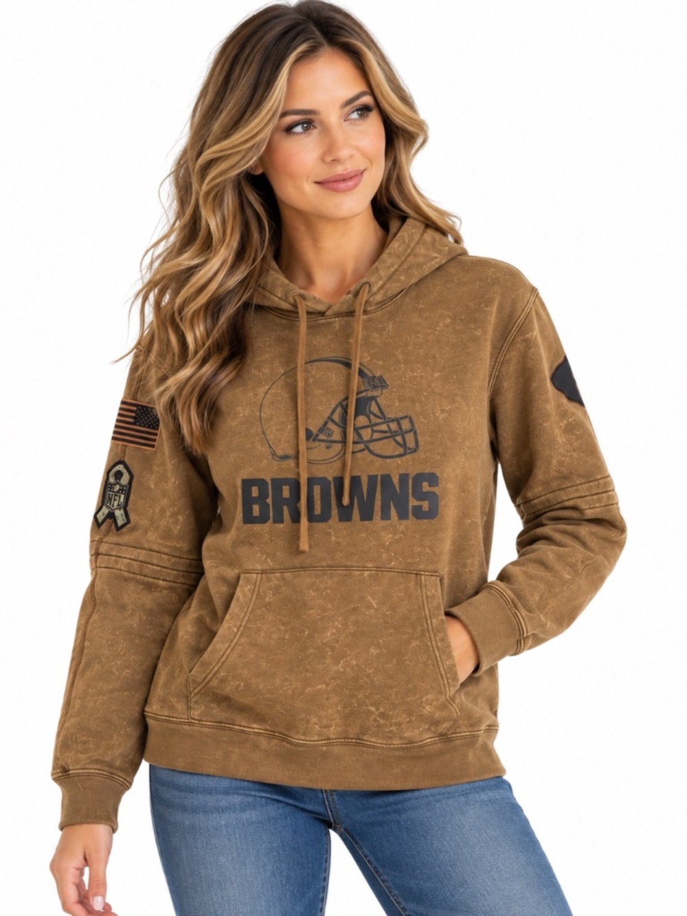 Cleveland Browns Small Hoodie Brown Distressed Vintage NFL Football Graphic Pull